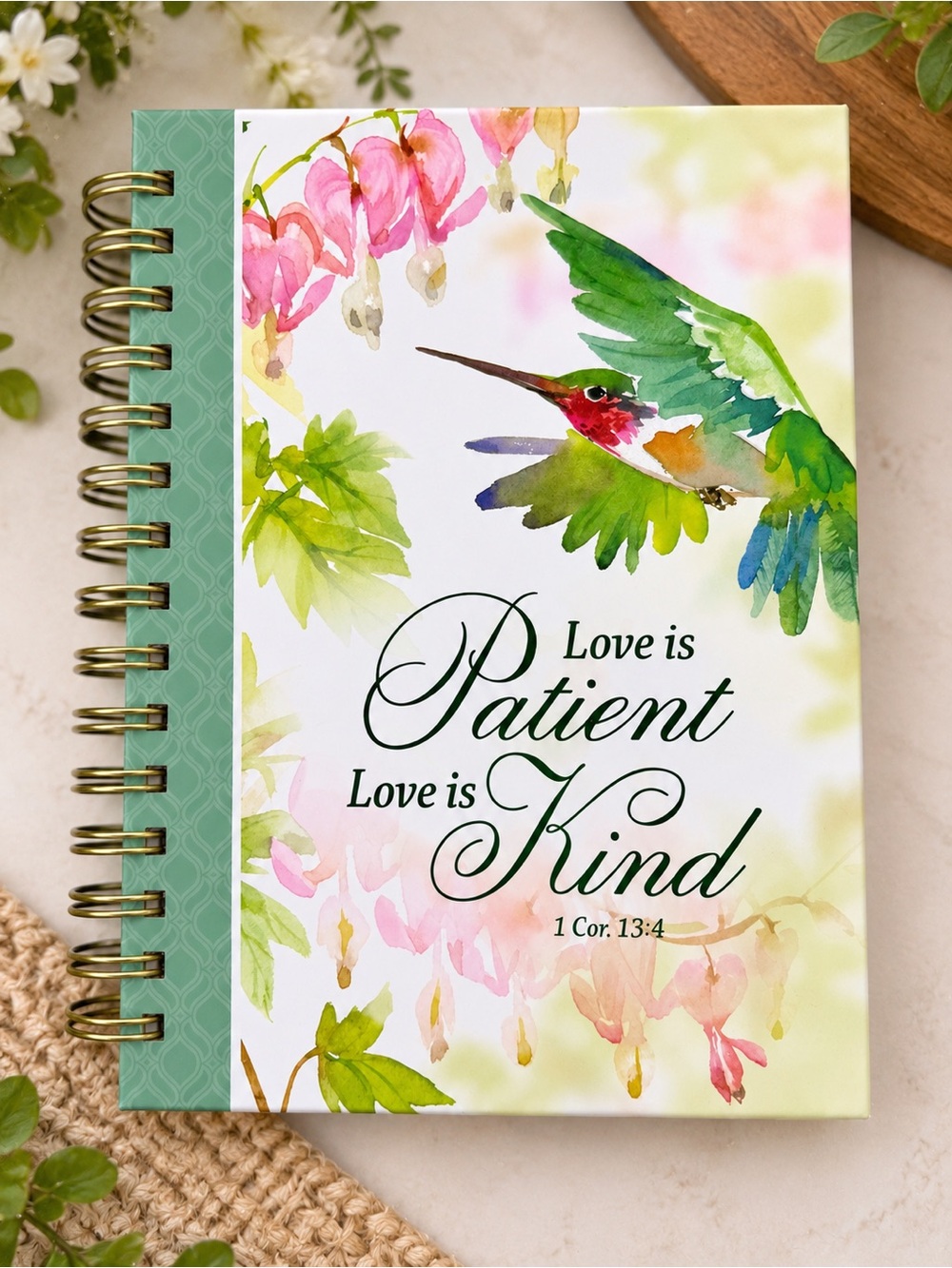 Love Is Patient Love Is Kind Spiral Journal - Green Hummingbird Design